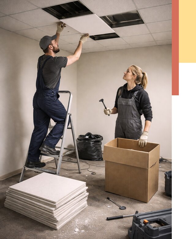 Демонтаж потолочной плитки в Краснотурьинске от 4785 руб. быстро и недорого | ОТДЕЛОЧНИК-Кту