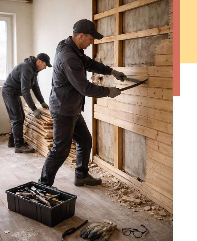 Демонтаж вагонки в Краснотурьинске от 4041 руб/м2 — быстро и недорого | ОТДЕЛОЧНИК-Кту