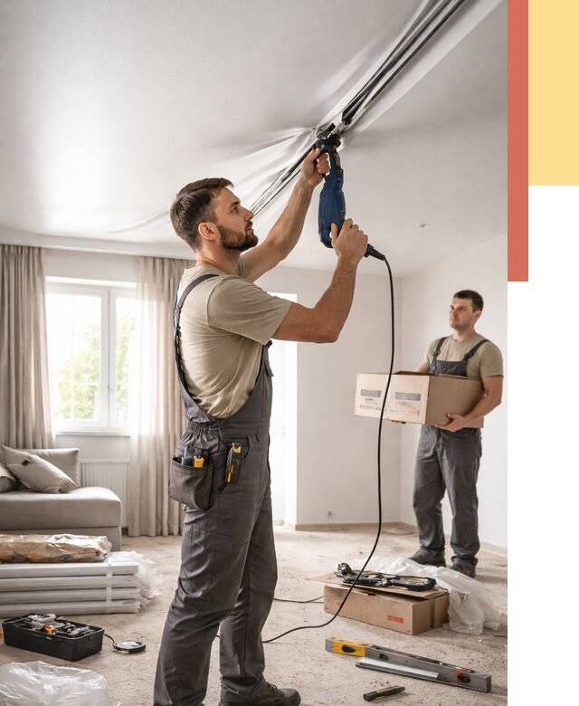 Монтаж сатинового натяжного потолка в Краснотурьинске от 3722 руб. | Быстро, недорого — ОТДЕЛОЧНИК-Кту