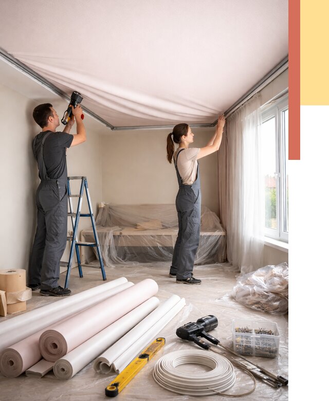 Монтаж цветного натяжного потолка в Краснотурьинске от 4466 руб/м² — быстро и недорого | ОТДЕЛОЧНИК-Кту