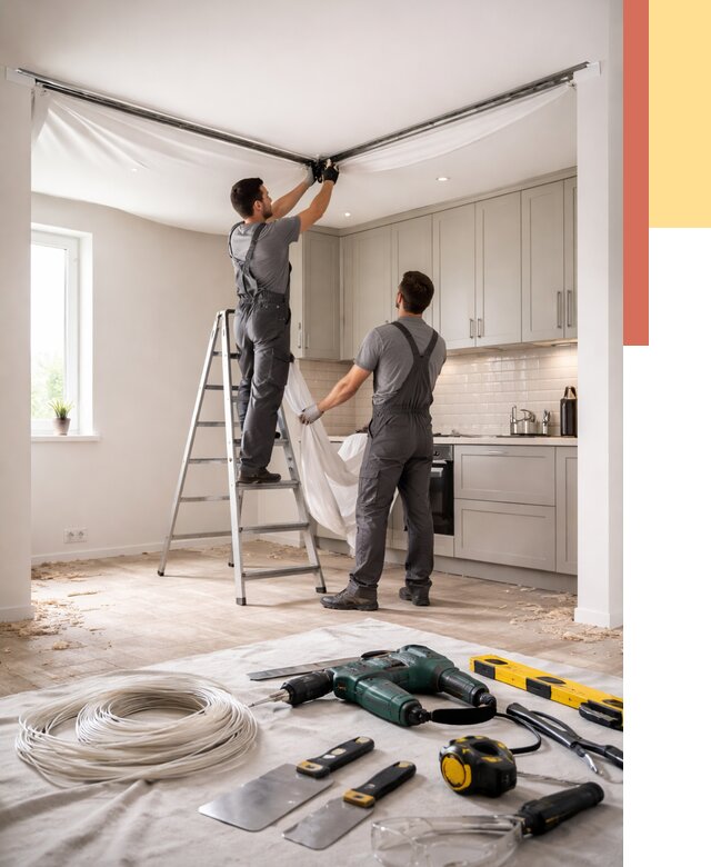 Установка натяжного потолка на кухне в Краснотурьинске от 2552 руб. | ОТДЕЛОЧНИК-Кту