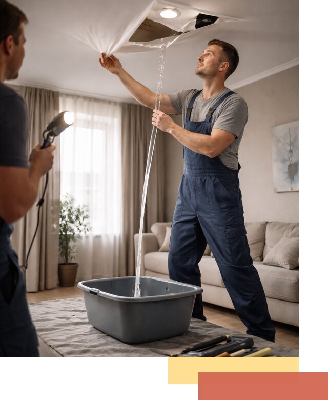 Слив воды с натяжного потолка в Краснотурьинске быстро и аккуратно