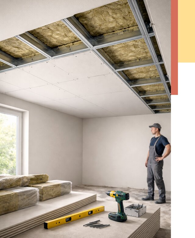 Звукоизоляция потолка ГКЛ в Краснотурьинске от 1010 руб. — монтаж под ключ | ОТДЕЛОЧНИК-Кту