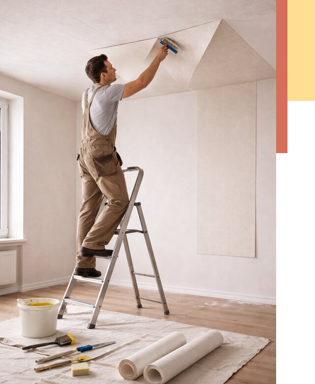 Поклейка обоев на потолок в Краснотурьинске от 4785 руб. быстро и недорого | ОТДЕЛОЧНИК-Кту